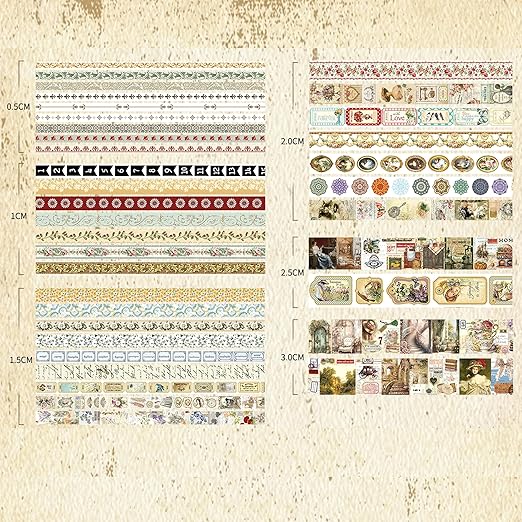 36 Rolls Vintage Washi Tape Pack Retro Arts Adhesive Tapes Wide Chronicle Decorative Masking Tape Sets for Craft, Kids, Scrapbook, DIY, Gift Wrapping (Madame de Pompadour)