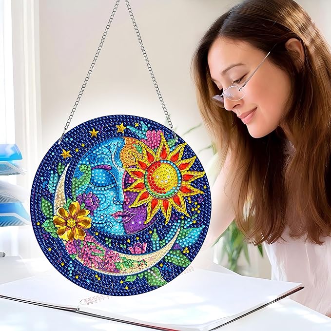 Pavemlo Hanging Diamond Art Kits for Adults Sun and Moon – 8x8 Inch Double-Sided Acrylic Board DIY Crystal Diamond Suncatcher Pendant, Sparkling Home Wall or Window Decoration Handmade Gift