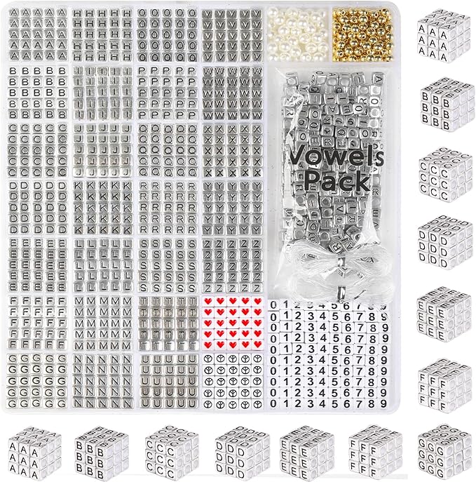 1270 Pcs Letter Beads Kit, Sliver and Black Square Acrylic Alphabet Beads with Extra Vowels, Numbers & Spacers, Perfect for Friendship Bracelets, Ideal Craft Gifts