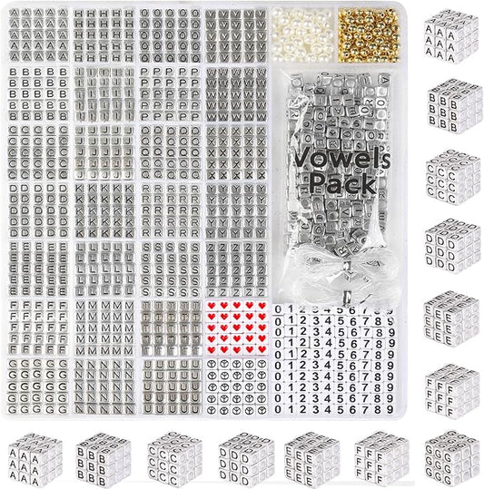 1270 Pcs Letter Beads Kit, Sliver and Black Square Acrylic Alphabet Beads with Extra Vowels, Numbers & Spacers, Perfect for Friendship Bracelets, Ideal Craft Gifts