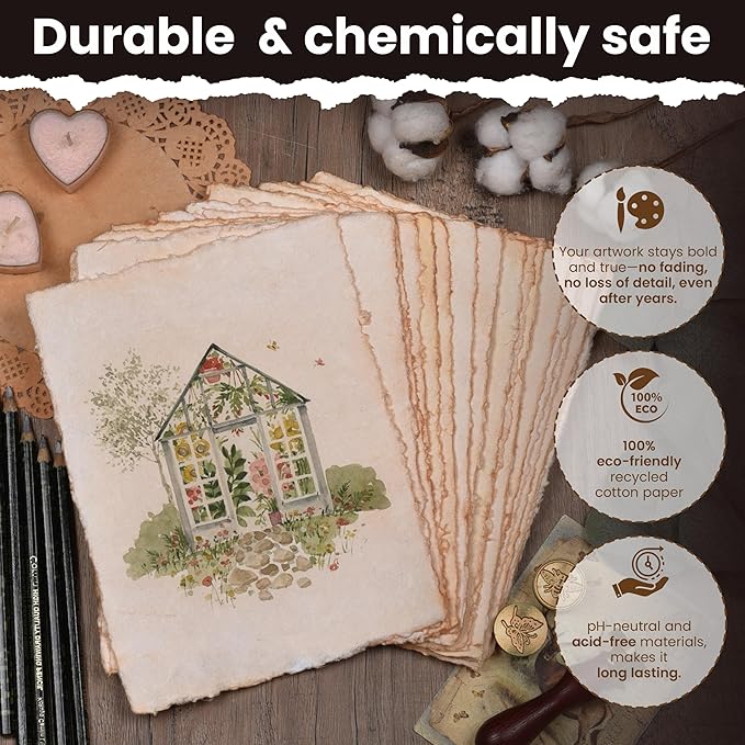LEATHER VILLAGE Watercolor Paper - 12 X 16 inches, 50 Sheets - Mixed Media Watercolor Paper - 150 GSM Thick Deckle Edge Virgin Cotton Handmade Paper - Vintage Toned