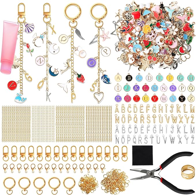 SUTROMA Lip Gloss Charm Keychain Kit - 776pcs Bag Charm Kit with 228 Charms 20 Keychain Clips 60 Extender Chains & Jewelry Plier - DIY Jewelry Making Supplies for Keychains and Purse Charms