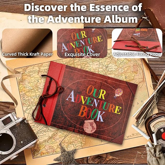 Scrapbook Photo Album,Our Adventure Scrap Book, Embossed Words Hard Cover Movie Up Travel Book for Anniversary, Wedding, Travelling, Baby Shower, etc (Leather Adventure Book)