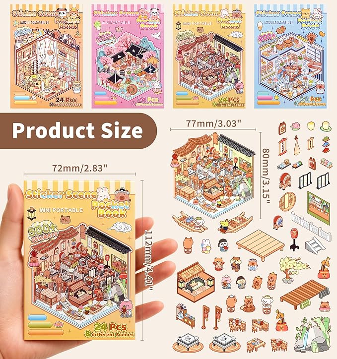 32 Sets Pocket DIY 3D Sticker Scene for Kids, Fun DIY Sticker Scene Make Your Own Mini House Cute Cartoon Animal Scene Stickers Adult Sticker Art Relief Stress Pass The Time Holiday Christmas Fun