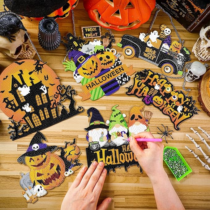 Zonon 6 Pcs Halloween Diamond Painting Hanging Sign Set 5d Gnome Pumpkin Diamond Art Set for Adults DIY Art Pendant Ornaments Kits Acrylic Bat Skull Ghost Truck for Halloween Wall Door Window Decor