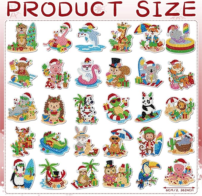 Xuhal 30 Pcs July Christmas Diamond Painting Magnets Beach Christmas Animal Diamond Art Magnets Kits for Adults 5D Rhinestone Summer Santa Hat Animal Refrigerator Magnetic Sticker for DIY Fridge Gifts