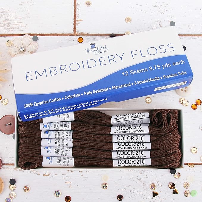 12 Skeins ThreadArt Premium Egyptian Long Fiber Cotton Embroidery Floss | Coffee Brown | 6 Strand Divisible Thread 8.75yds Each for Hand Embroidery, Friendship Bracelets, Cross Stitch and Crafts