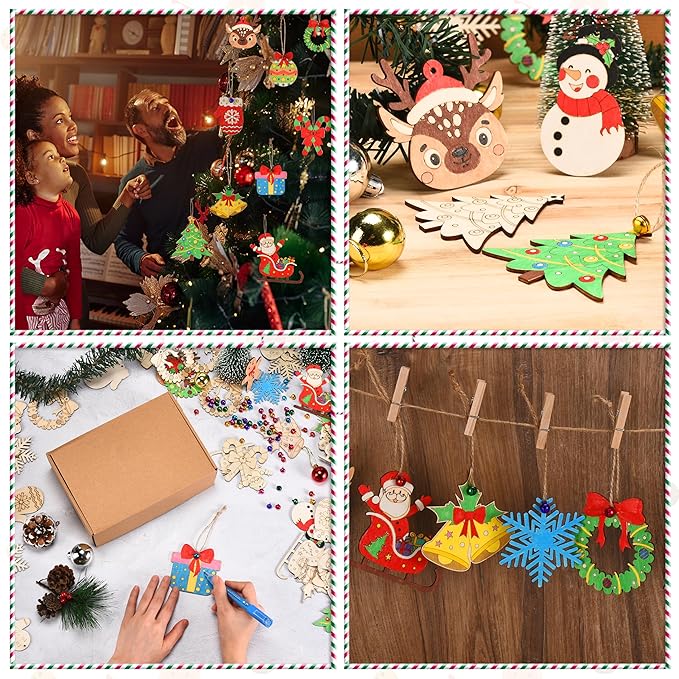 96 Pcs Wooden Christmas Ornaments Unfinished Wood Slices, Wooden Christmas Tree Hanging Ornaments for DIY Art Craft with 12 Styles, DIY Wood Crafts Hanging Decorations Kit
