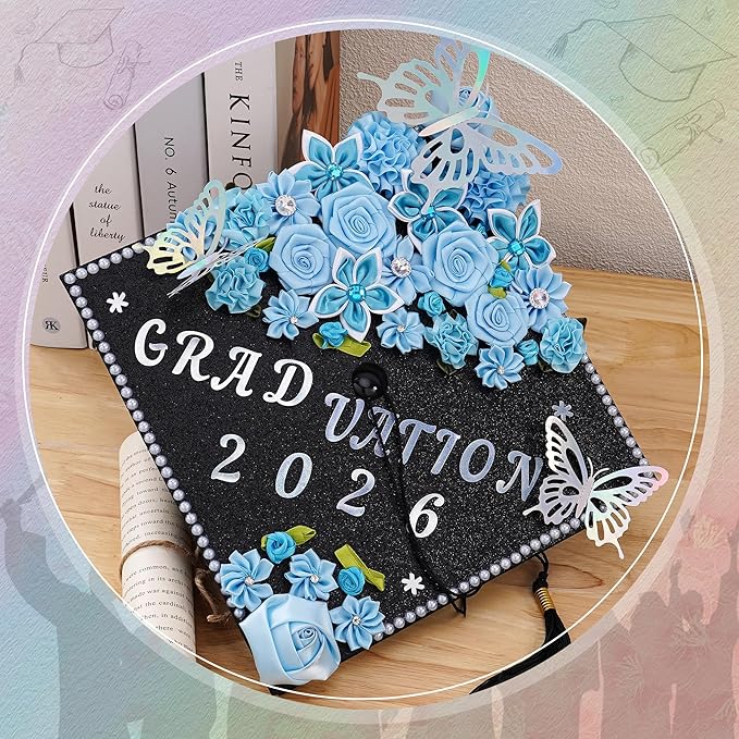 VISSTREE DIY Graduation Cap Decoration, 56 Pcs Cap Decorations for Graduation Kit 2026 DIY Grad Cap Graduation Gift with Blue Paper Flowers 3D Glitter Butterfly Custom Number Letter Stickers Decor