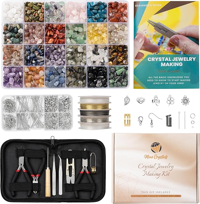 MineCrystals Jewelry Making Kit DIY Natural Crystal Chip Stones Beads Tools kit Jewelry Wires Findings Supplies Instruction Guide Gift Box for Adult Teens Craft Bracelet Earring Necklace