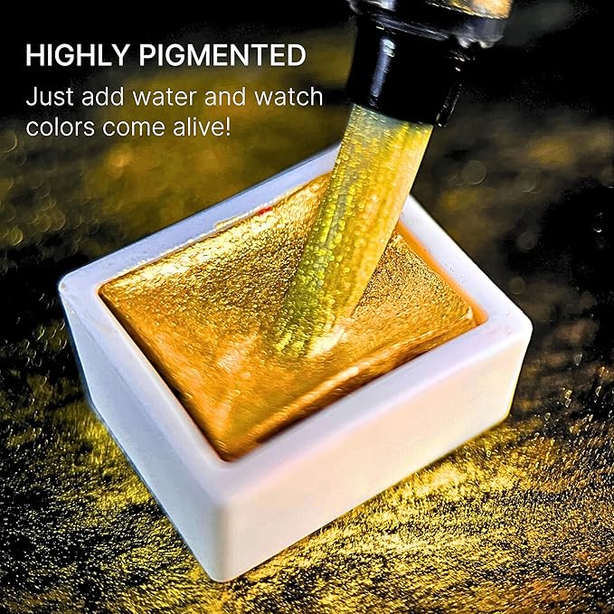 Metallic Watercolor Paint Set 24 Colors Half-Pans in Tin Box with Water Brush, High Pigment Multi-Effect Metallics, Works on Light & Dark Paper, Non-Toxic