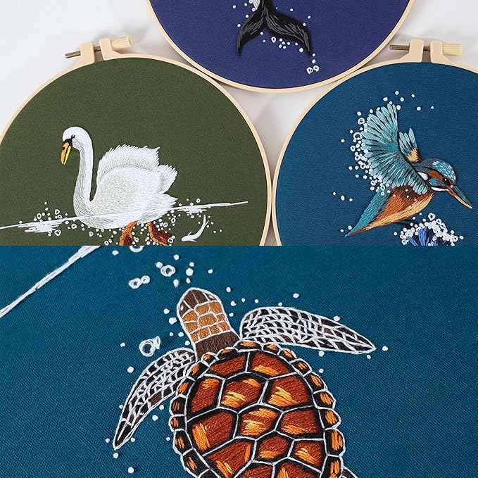 Picoey Embroidery Kit for Beginners with Animal Pattern and Instructions,4 Pack Cross Stitch Kits,2 Wooden Embroidery Hoops,Threads and Needles,Needlepoint Kit