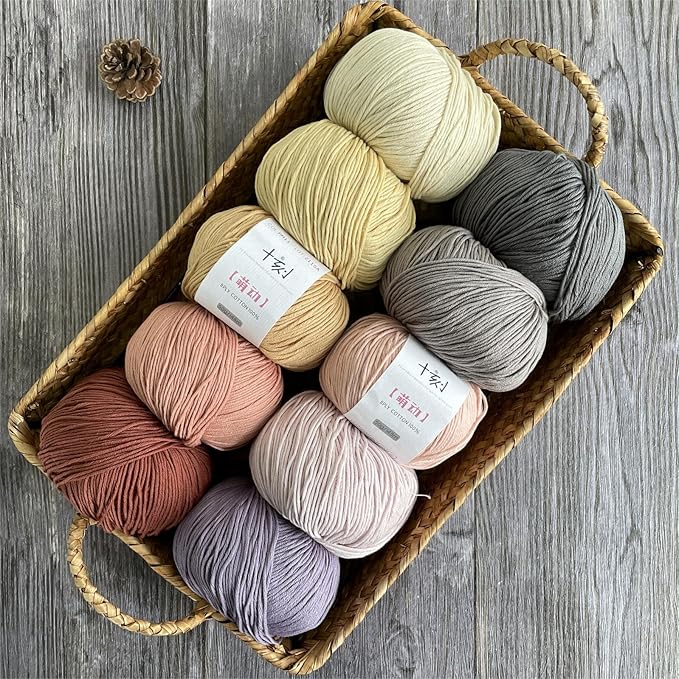 Fine Weight Knitted and Crocheted Cotton Yarn, 100% Long Staple Cotton Yarn, Baby Sports, 2 Packages of 100g/3.52oz (Per Skein 50g/162yards)-Milk Tea White