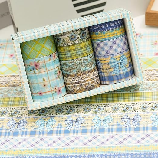 10 Rolls Vintage Floral Washi Tape Set Pastel Plaid Arts Adhesive Tapes Soft Colors Decorative Masking Tape Sets for Craft, Kids, Scrapbook, DIY, Gift Wrapping (Blue Bow)