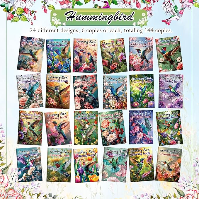 Liliful 144 Pcs Hummingbird Themed Coloring Book Bulk 5x7 Inch Mini Drawing Books with Floral & Hummingbird Patterns, Ideal for Party Favors, Goodie Bag Fillers & Creative Gifts