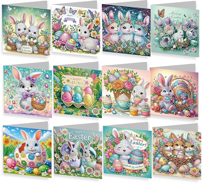 12 Pack 5D DIY Diamond Painting Greeting Card Kit, Diamond Art Birthday Holiday Greeting Card, Art Crafts Kit Creative Gift with Envelope (Easter Bunny A)