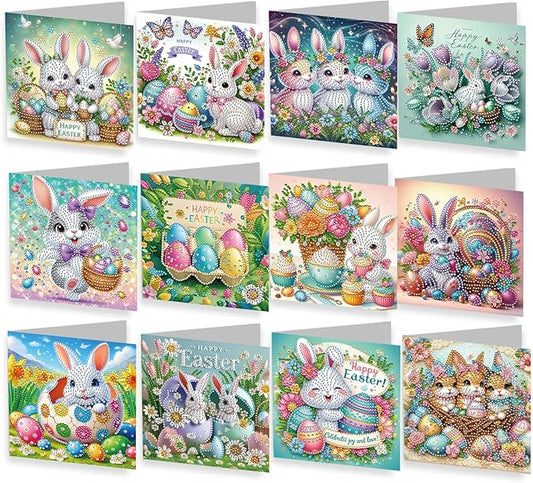 12 Pack 5D DIY Diamond Painting Greeting Card Kit, Diamond Art Birthday Holiday Greeting Card, Art Crafts Kit Creative Gift with Envelope (Easter Bunny A)