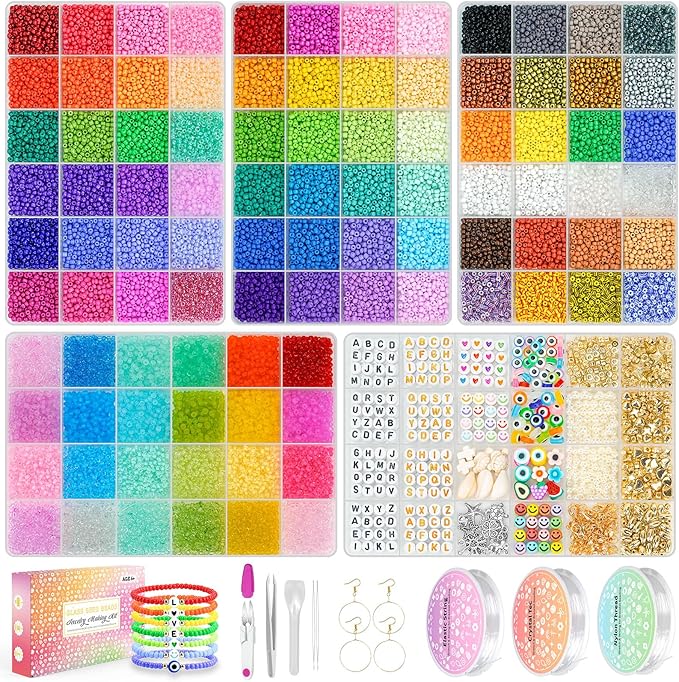 Friendship Bracelet Kit 3mm Seed Beads, 30000 Pcs 8/0 96 Colors Small Glass Beads Embroidery Kit with Letter Bead Charms for Jewelry Making Gifts Necklaces Waist Beads DIY Arts and Crafts for Adults
