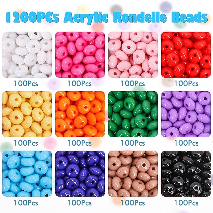 BONNY BOXX 1200PCs Acrylic Rondelle Beads Set, 4 * 8mm Colorful Flat Round Abacus Disc Spacer Beads, 12 Assorted Colors for DIY Jewelry Making, Bracelets, Necklaces, Earrings, Crafts Supplies