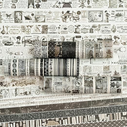 36 Rolls Vintage Washi Tape Pack Retro Arts Adhesive Tapes Wide Chronicle Decorative Masking Tape Sets for Craft, Kids, Scrapbook, DIY, Gift Wrapping (Black & White Light)