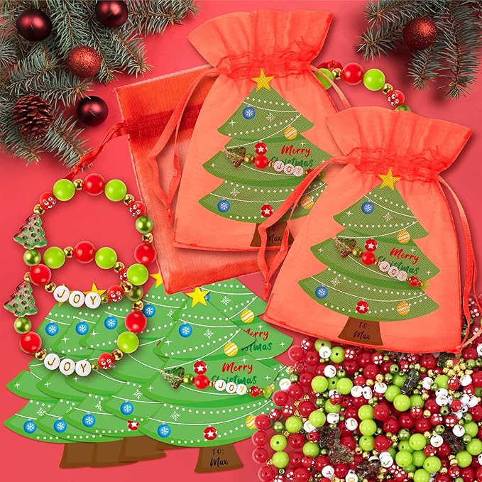 BeYumi Christmas Bracelet Craft Kit - 24 Pack Xmas DIY Joy Letter Beads Friendship Bracelets with Christmas Tree Gift Cards Xmas Craft Kits Party School Classroom Fun Activities