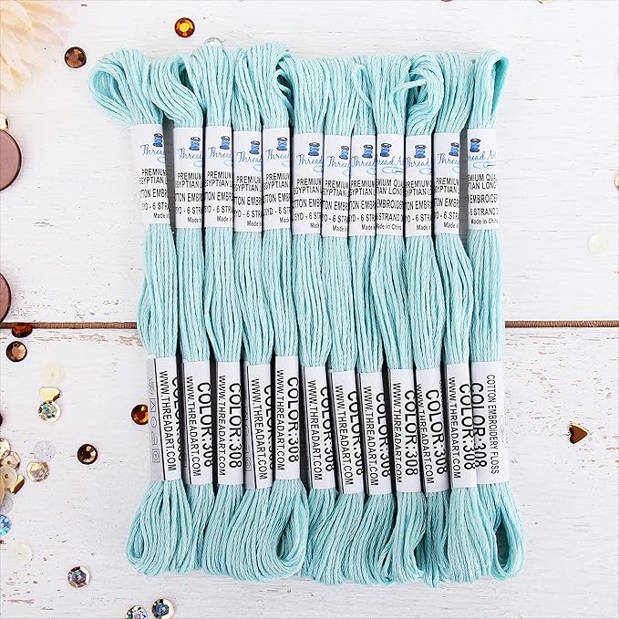12 Skeins ThreadArt Premium Egyptian Long Fiber Cotton Embroidery Floss | Very Light Aqua | 6 Strand Divisible Thread 8.75yds Each for Hand Embroidery, Friendship Bracelets, Cross Stitch and Crafts