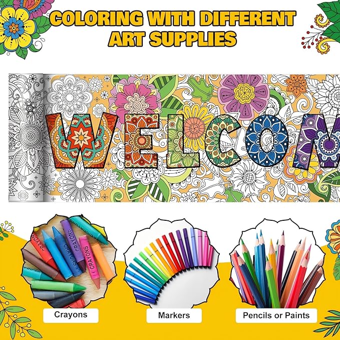 Janlaugh 3 Pack Mandala Giant Coloring Posters 9.8ft Large Coloring Sheet Jumbo Motivational Page Tablecloth DIY Drawing Paper Roll for Kids Adult Spring Summer Party Classroom Craft Team Art Activity