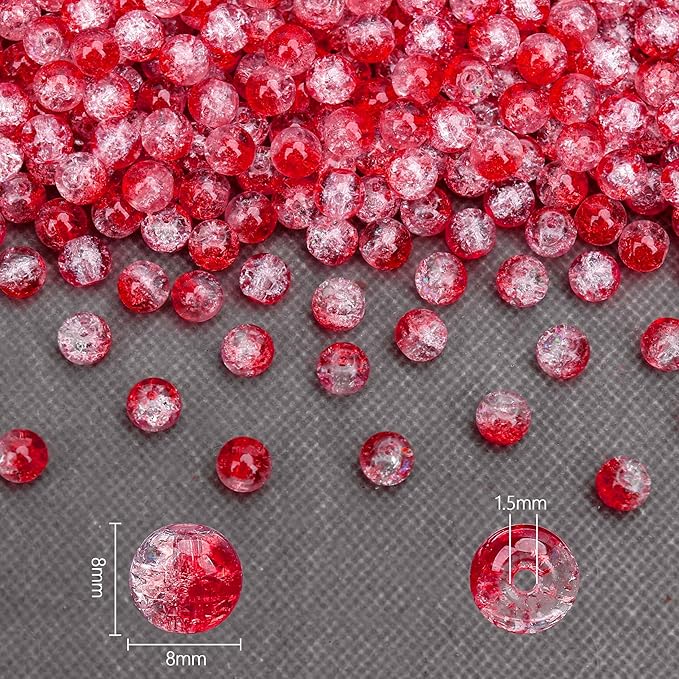 200PCs 8mm Red Crackle Glass Beads Bulk, Round Smooth Hole Glass Crystal Beads for Jewelry Making, DIY Bracelets, Necklaces, Bag Charms, Keychains and Craft Projects