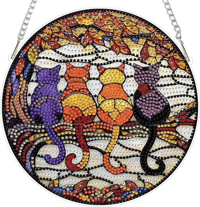 EOBROMD Diamond Hanging Art Kits for Adults, 4 Cats on Branch Diamond Art Painting Suncatcher, DIY Special Shaped Rhinestone Kits for Adults, Window Pendants Home Garden Wall Hanging Ornament