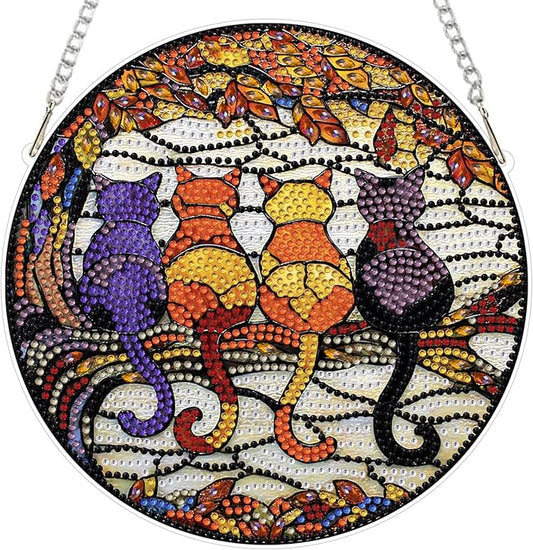 EOBROMD Diamond Hanging Art Kits for Adults, 4 Cats on Branch Diamond Art Painting Suncatcher, DIY Special Shaped Rhinestone Kits for Adults, Window Pendants Home Garden Wall Hanging Ornament