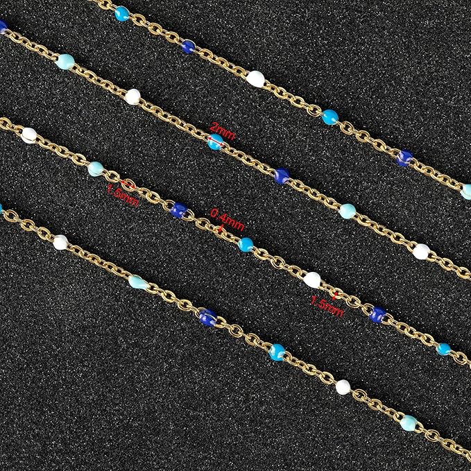 UMAOKANG 33 Feet/10M Blue Mixed Color Bead Chains for Jewelry Making Gold Plated Stainless Steel Soldered Cable Thin Chain on Spool Bracelet DIY Jewelry Findings