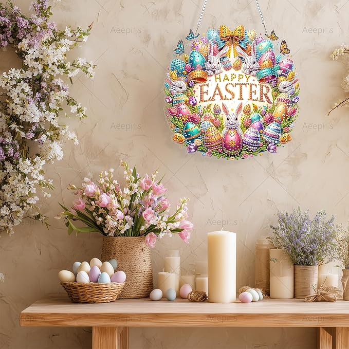 Aeepics Hanging Diamond Art Kit for Adult Easter, DIY Diamonds Painting Pendant Ornament Kit, Acrylic Diamond Art Painting Board Kit (Happy Easter Wreath)