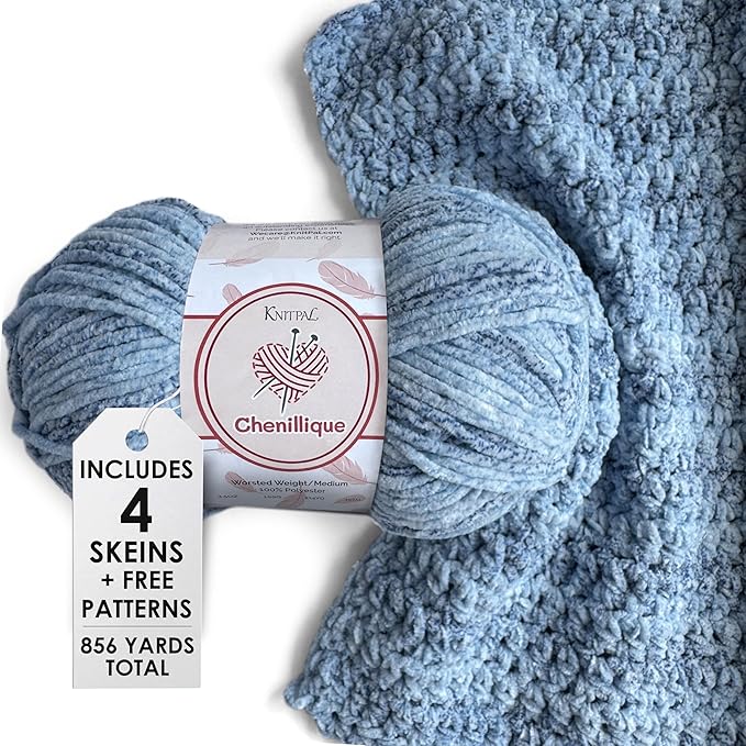 Chenillique Velvet Chenille Yarn for Crocheting, 4-Pack (856Yds / 400G), Free Patterns, Beginners Friendly - Soft Baby Yarn for Knitting Baby Blanket - #4 Medium Worsted Weight - Sky Bubbles