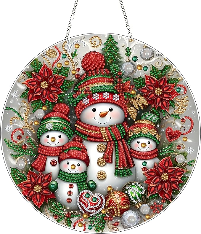 DIY Diamond Art Painting Wreath Kits，Special Shaped Rhinestone Hanging Ornament Diamond Art Window Pendants for Gift Home Garden Wall Hanging Kits,Double Sided (Snowman-1)