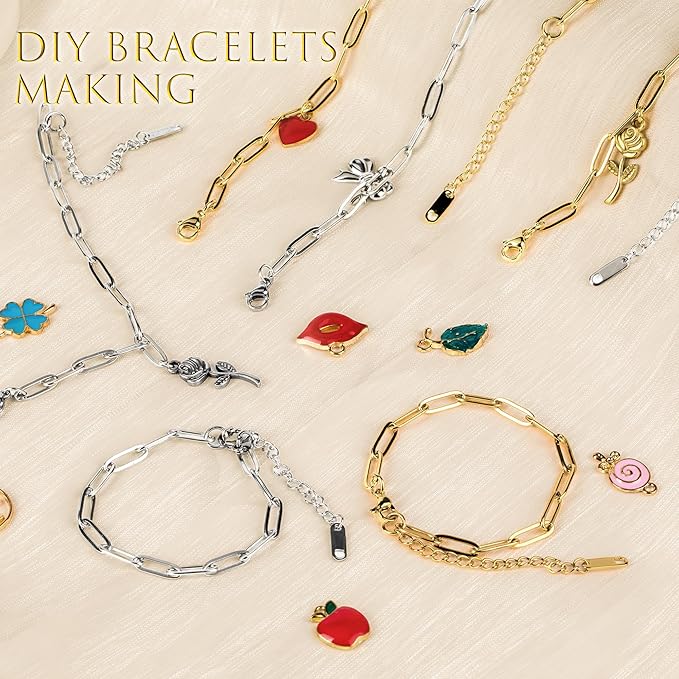 Starry 12 PCS Charm Bracelet Kit 18K Gold Plated Charm Bracelet Making Kit 6.3Inch Paperclip Chains Bracelets with Lobster Clasps Extender Chain DIY Adjustable for Jewelry Making (Gold & Silver)