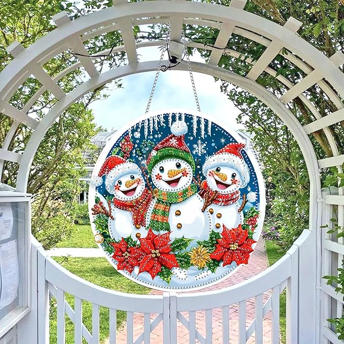 Wergund 5D DIY Christmas Diamond Art Hanging Kits, Hanging Diamond Art Snowman, Acrylic Special Shaped Rhinestone, Window Hanging Pendants for Home Wall Garden Front Door Outdoor Decor Gift(Christmas)