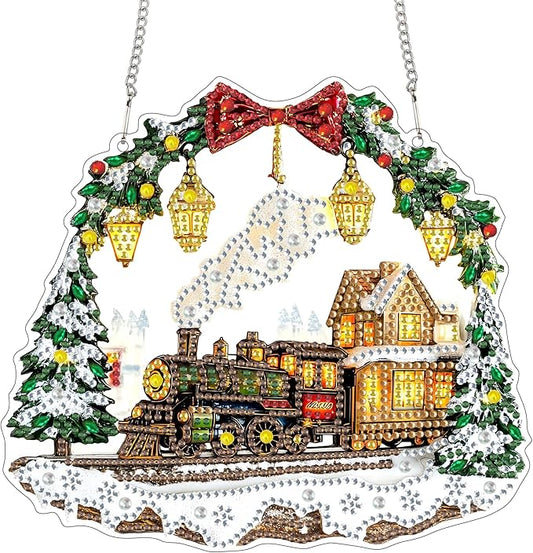 Yomiie Train House Sun Catcher Window Hanging - DIY Double Sided Diamond Painting Pendant Kit, Acrylic Diamonds Art Ornament for Front Door Sign & Indoor/Outdoor Garden Christmas Decor(8x8 inch)
