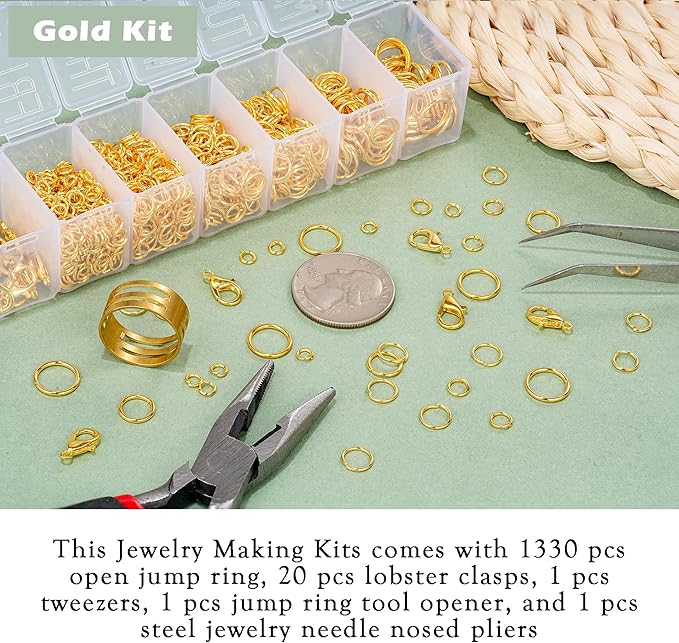 1350pcs Open Jump Rings Lobster Clasps Set with Jewelry Pliers,Tweezers and Jump Rings Tool Opener for DIY Bracelet Necklace Extender Chains Jewelry Making (Golden)