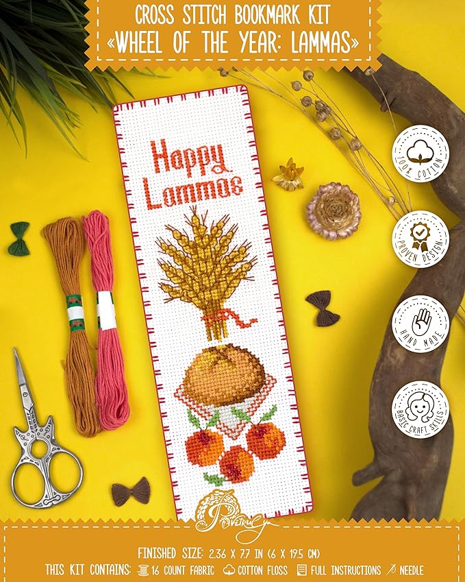 Povitrulya Counted Cross Stitch Kit “Lammas/Lughnasadh“ – DIY Bookmark Embroidery Set for Adults & Beginners, First Harvest Pagan Celtic Rustic Seasonal Autumn Gift