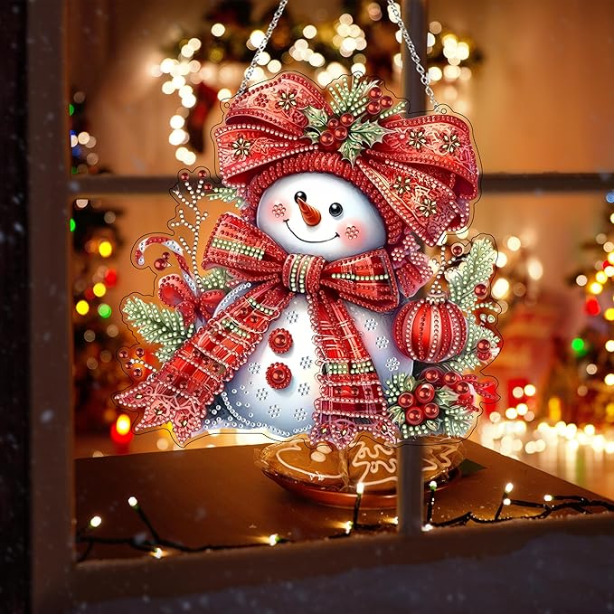 Diamond Art Hanging Kit for Adult,Special Shaped Rhinestone,DIY Acrylic Diamond Art Painting Window Pendants Home Garden Wall Hanging Kits Hanging Ornament,Double Sided. (Christmas Snowman)