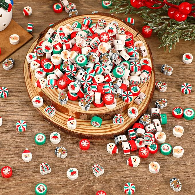 Augshy Christmas Polymer Clay Beads, 300PCS Xmas Heishi Spacer Assorted Santa Claus Snowflakes Snowman Gingerbread Man for Bracelet Necklace Jewelry Making
