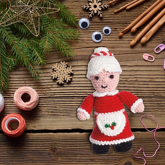 LEISURE ARTS Crochet Friend Kit, Mrs. Claus, 8", Complete Crochet Kit, Learn to Animal Starter Kit for All Ages, Includes Instructions, DIY Amigurumi Kits
