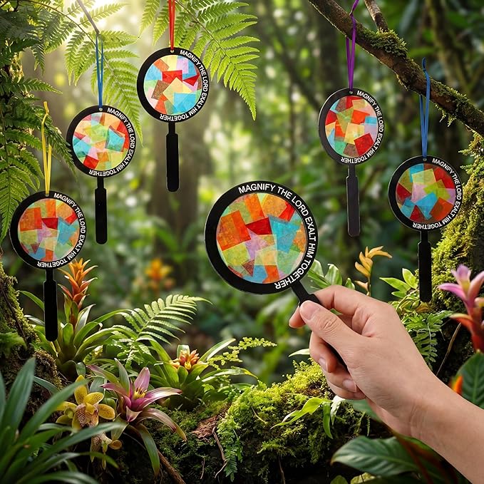 Motipuns 32 Sets Magnify Suncatchers Craft Kits DIY Magnifying Glass Shape Church Christian Religious VBS Craft Stained Glass Effect Tissue Paper Kit for Sunday School Resurrection Window Art
