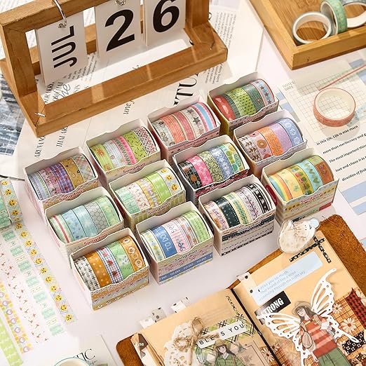 60 Rolls Cute Washi Tape Pack Basic Mini Adhesive Tapes Stars, Plaids, Florals, Grids & Dots Patterns Decorative Masking Tape Sets for Craft, Kids, Scrapbook, DIY, Gift Wrapping (Kawaii)