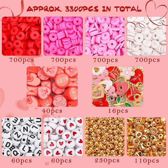 BONNY BOXX 3300PCs Valentine Day Clay Beads Set, Flat Round Disc Heishi Polymer Clay Beads with Letter Beads & Charms for Friendship Bracelet Making, Valentine Jewelry for DIY Crafts Birthday Gifts