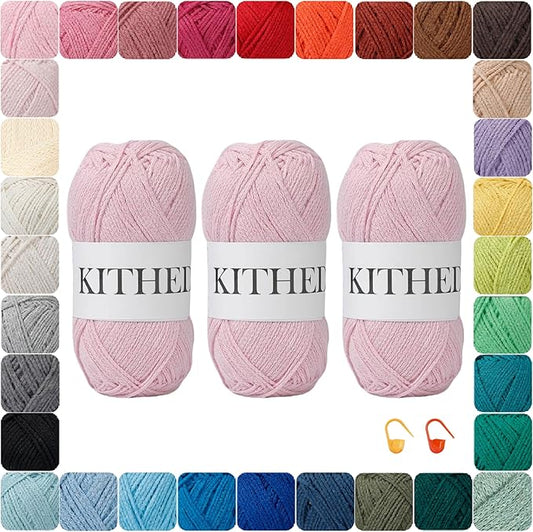 Cotton Chainette Yarn,4 Medium (Worsted)-10oz,3 Pack,Knitting Yarn for Beginners,Thicker for Crocheting and Knitting (08 Light Pink)