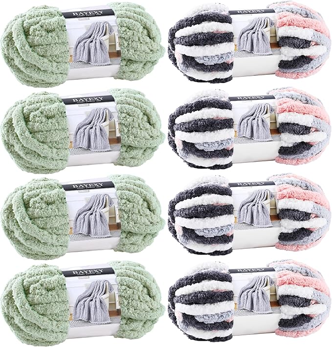 Chunky Chenille Yarn for Hand Knitting 8 Jumbo Pack Jumbo Chunky Yarn for Hand Soft Blanket Knitting, Bulky Thick Fluffy Yarn for Crocheting (Sage Green+Kitten Color)