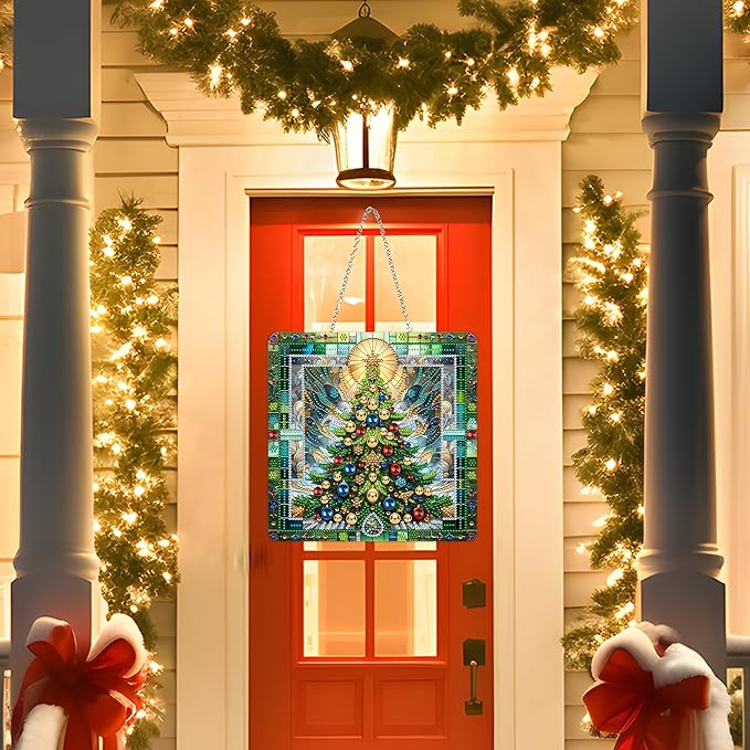 JJFox DIY Acrylic Diamond Art Painting Wreath Kits Special Shaped Rhinestone Diamond Art Window Pendants Home Garden Wall Hanging Kits Hanging Ornament，Double Sided(Christmas Tree-1)