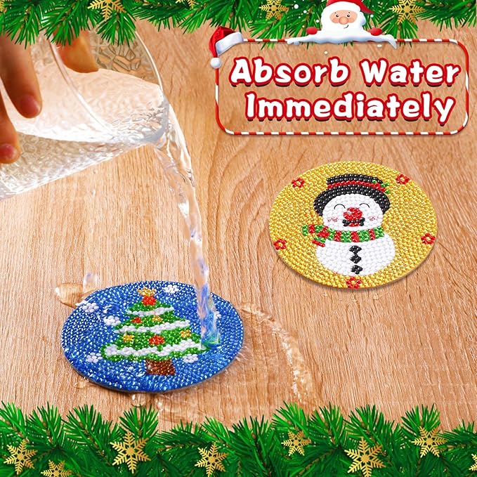 UPINS 8Pcs Christmas Diamond Art Painting Coasters with Holder for Drinks DIY Life Coaster Diamond Art Kits for Adults Kids Beginners Diamond Art Craft Supplies