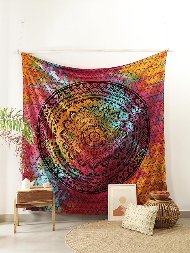 popular handicrafts queen mandala hippie hippy tie dye psychedelic ombre tapestry wall hanging - indian maditation gypsy bohemian dorm room decor multicolor black 81x88 inch